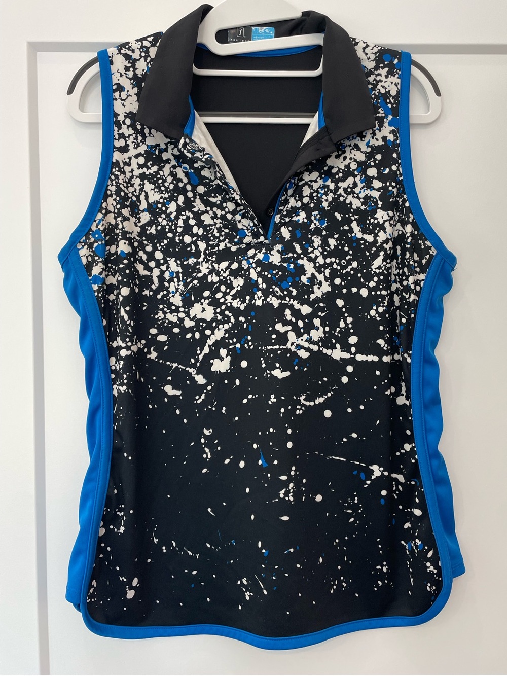 PGA Tour Black Splash-Print Sleeveless Tank with Blue Trim Golf Large